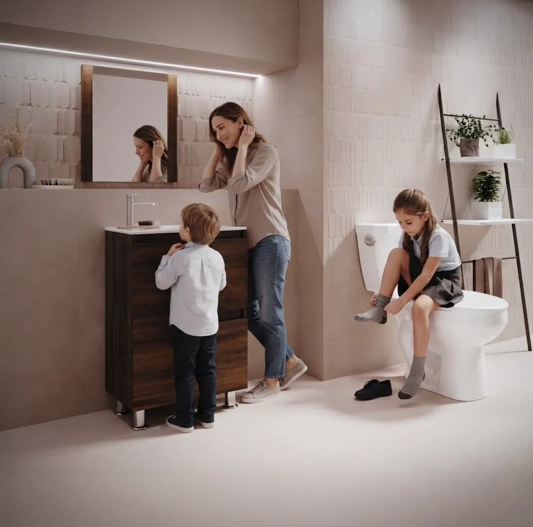 Madre e hijos en un baño equipado con sanitario, lavabo y gabinete CATO